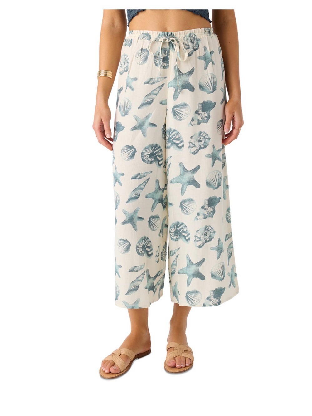 O'Neill Cream Wide-Leg Pants with Teal Seashell Print Size M